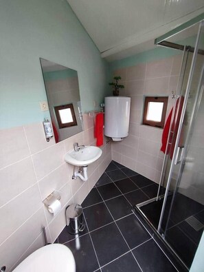 Un bagno con lavandino, WC e doccia.