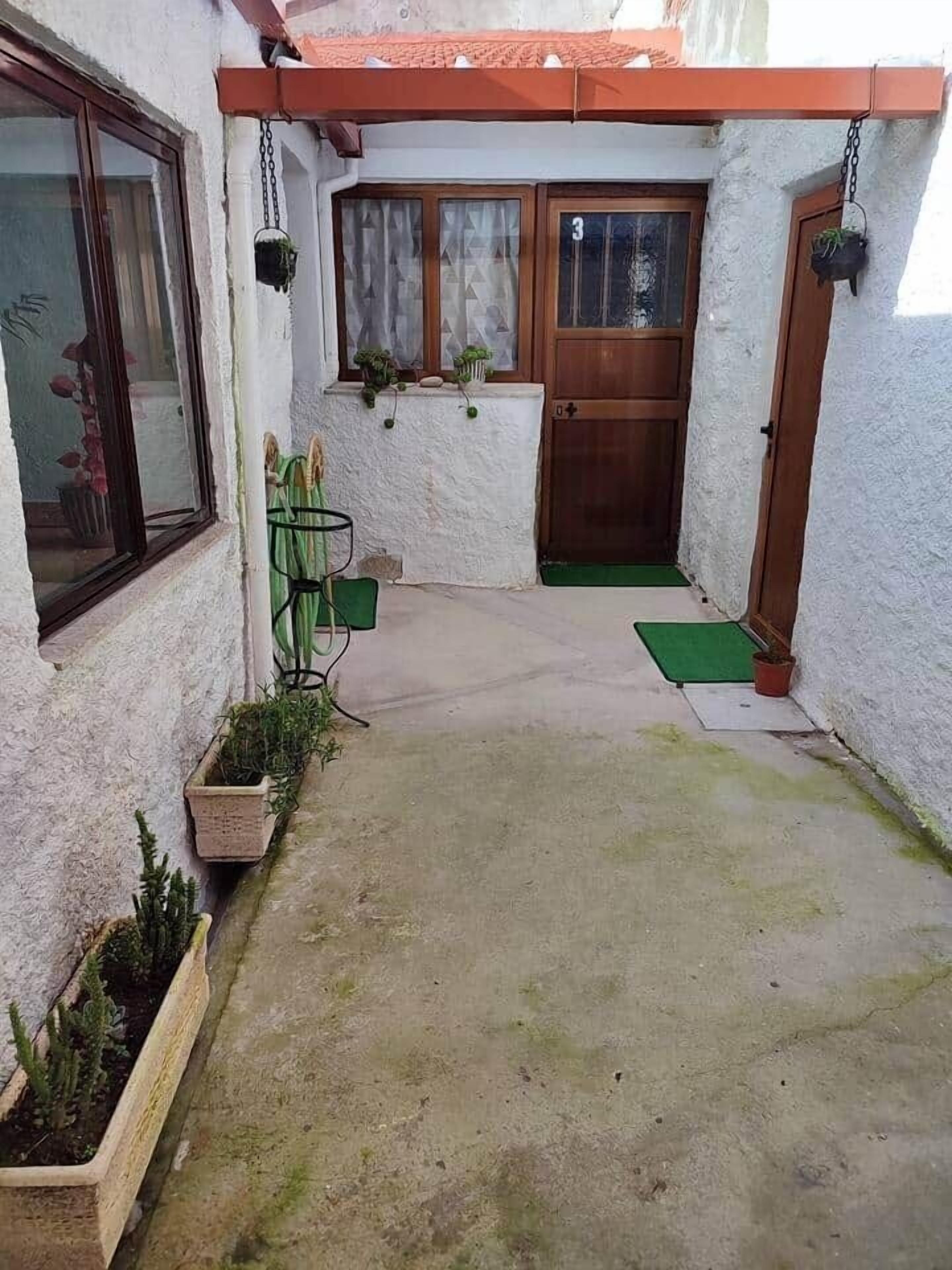 A narrow outdoor corridor with a door marked with the number 3, a small green mat at the entrance, and potted plants along the walls.
