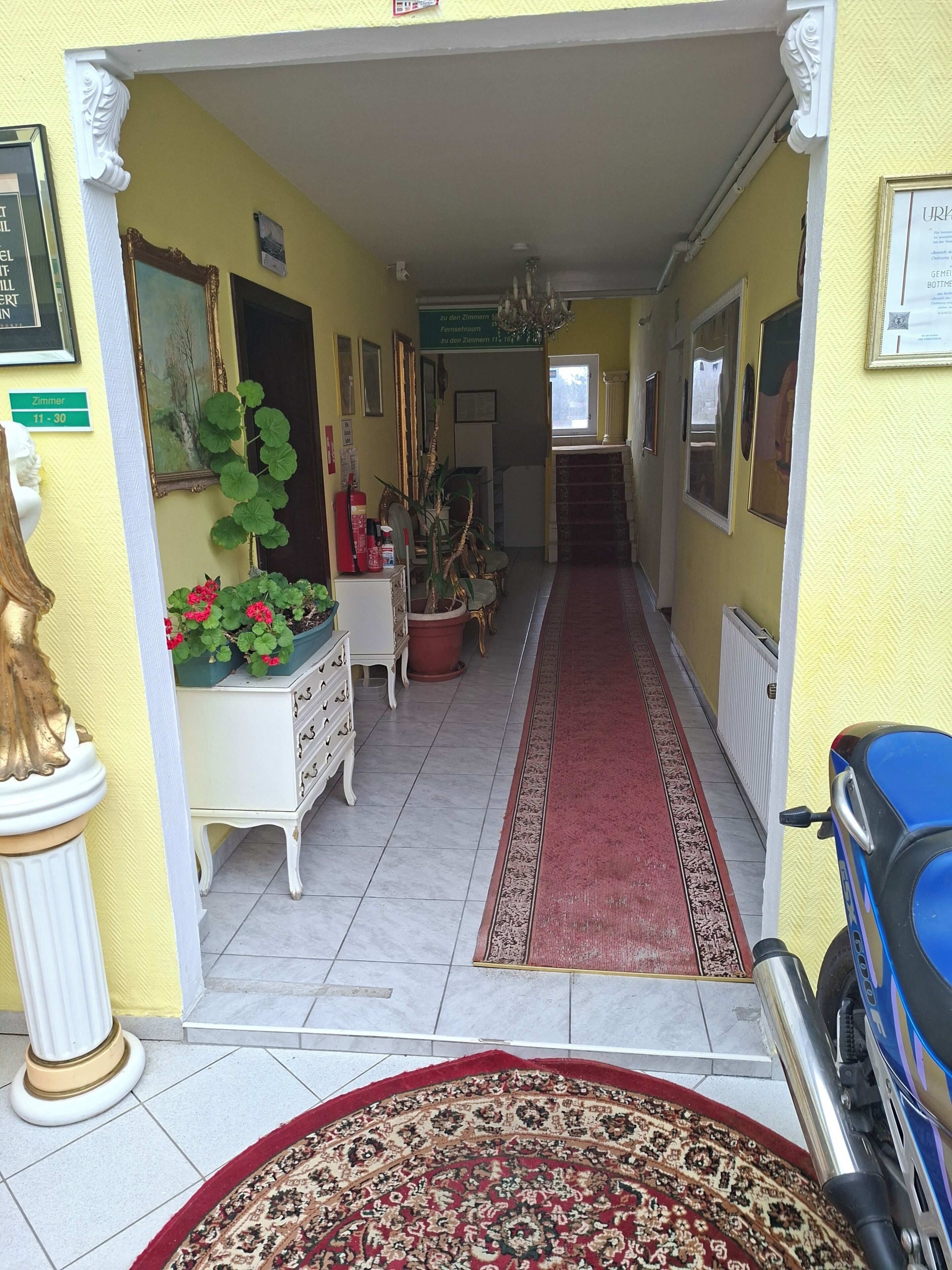 A hallway with a red carpet, a potted plant, a white dresser, and a blue scooter.