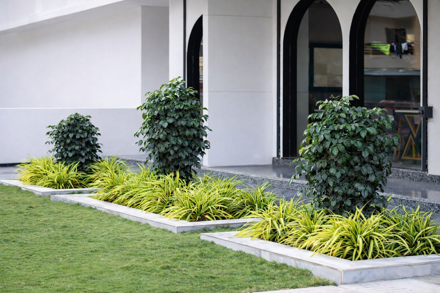Un área ajardinada con setos bien cuidados y plantas de bajo mantenimiento, probablemente parte del espacio exterior de un hotel.