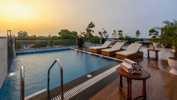 A rooftop swimming pool with lounge chairs and a small table, surrounded by potted plants.