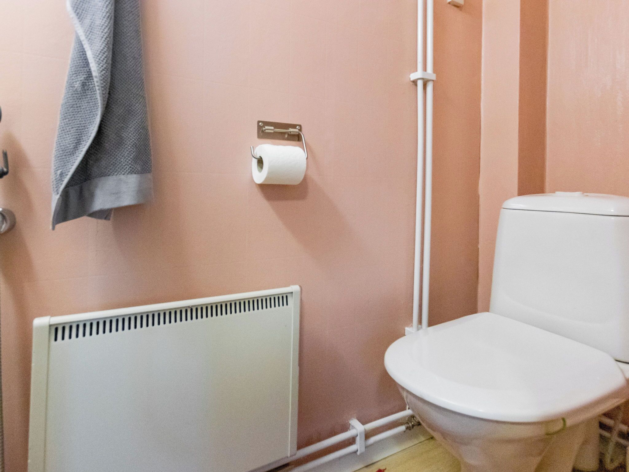 A bathroom with a toilet, a roll of toilet paper, a towel hanging on the wall, and a radiator.