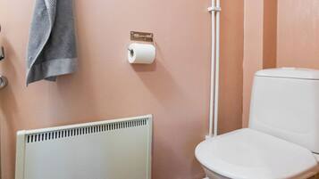 A bathroom with a toilet, a roll of toilet paper, a towel hanging on the wall, and a radiator.