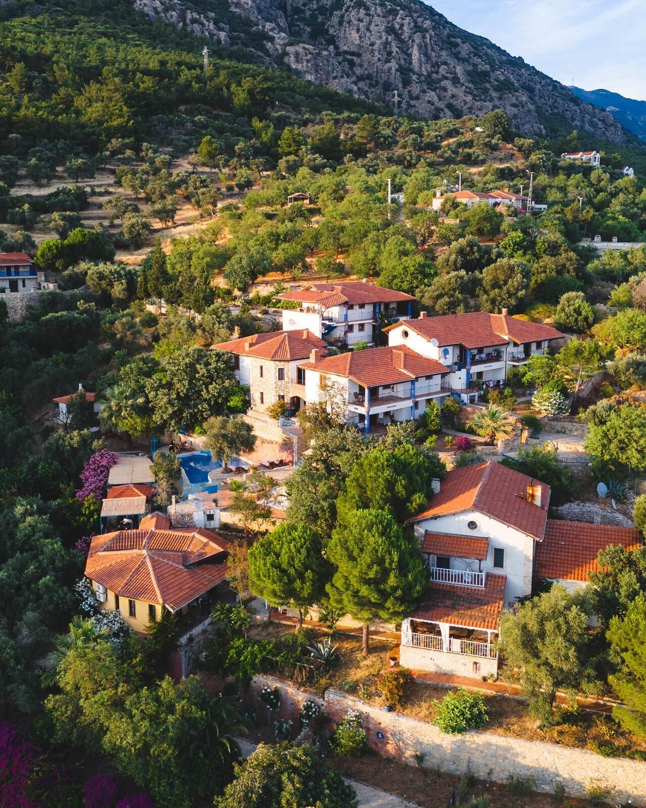 A residential area with houses featuring red-tiled roofs, surrounded by greenery and a mountainous backdrop.