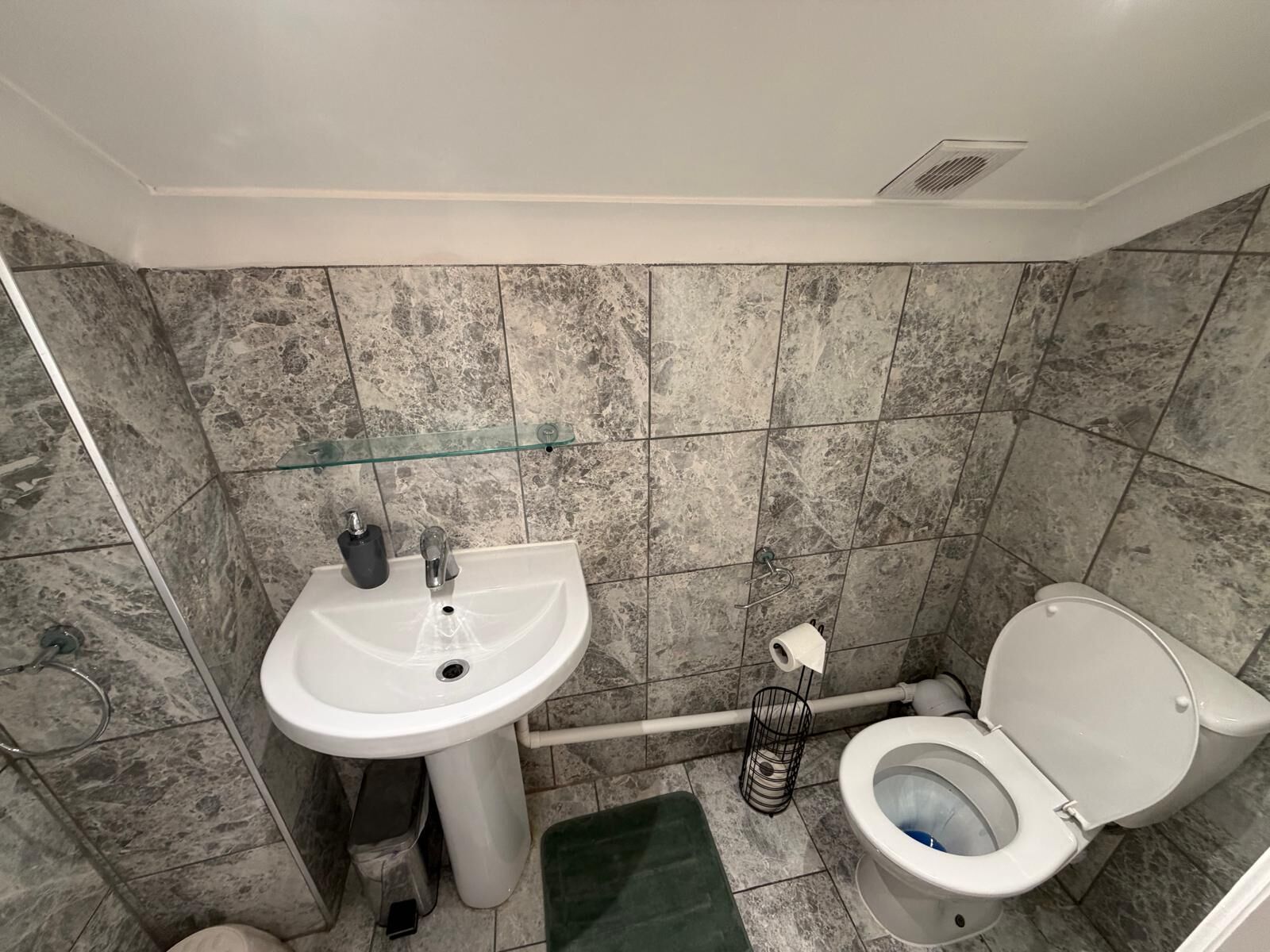 Ein Badezimmer mit einem weißen Waschbecken, einer Toilette und einem Glasregal darüber.