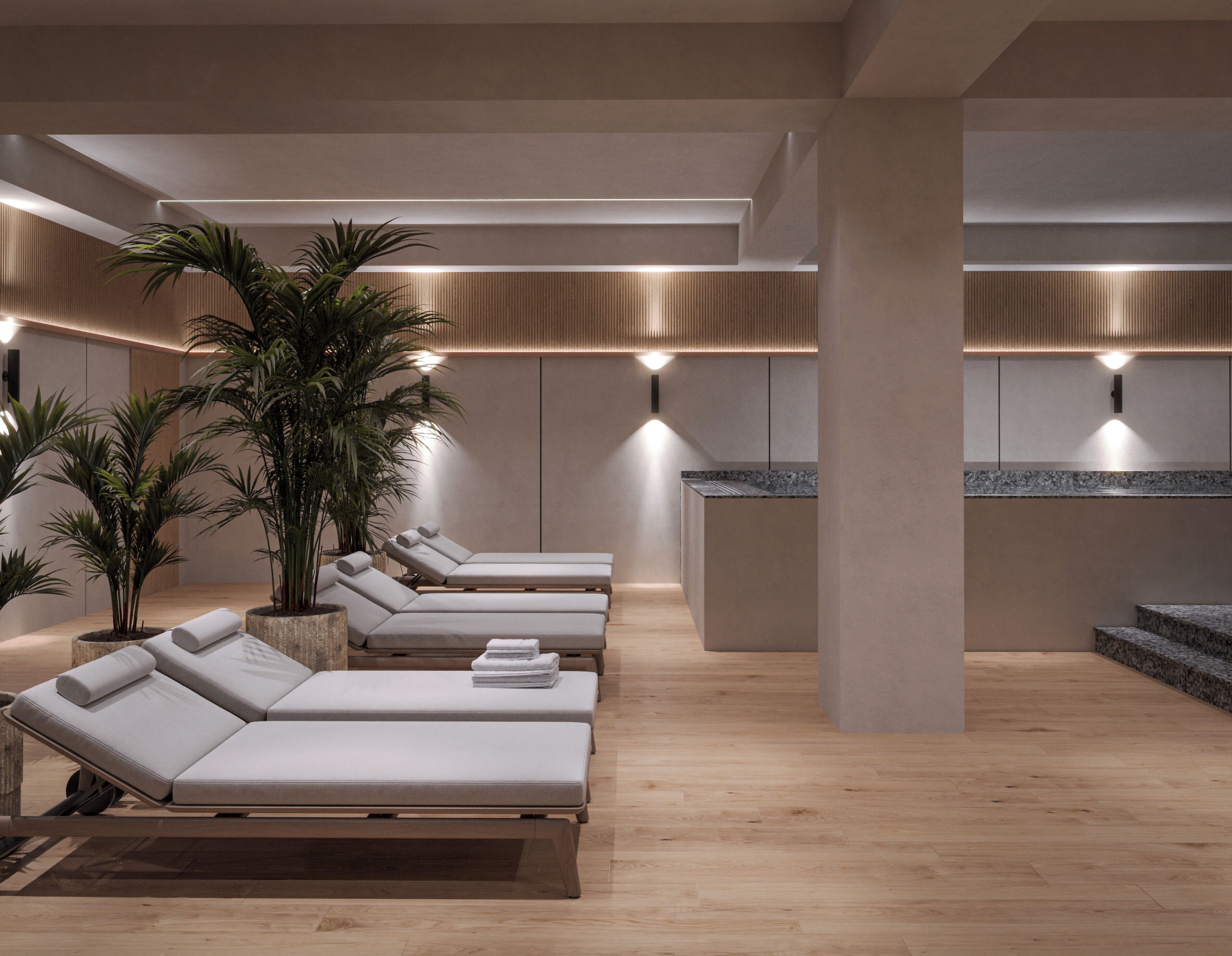 A modern spa area with sun loungers, a reception desk, and potted plants.