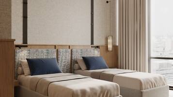 A modern hotel room with two beds, a large window, and a city view.
