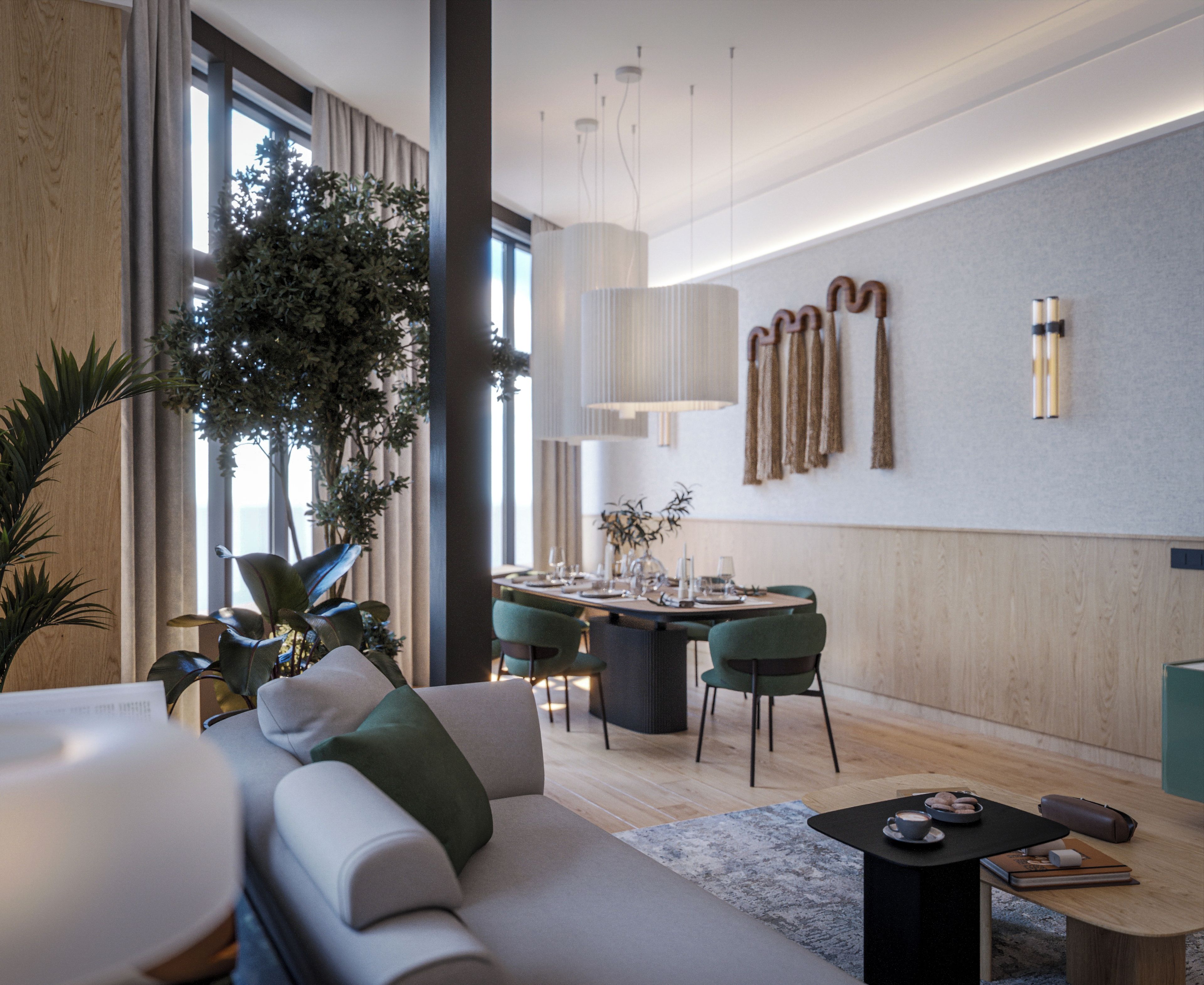 A modern living room with a sofa, dining area, and a large plant.