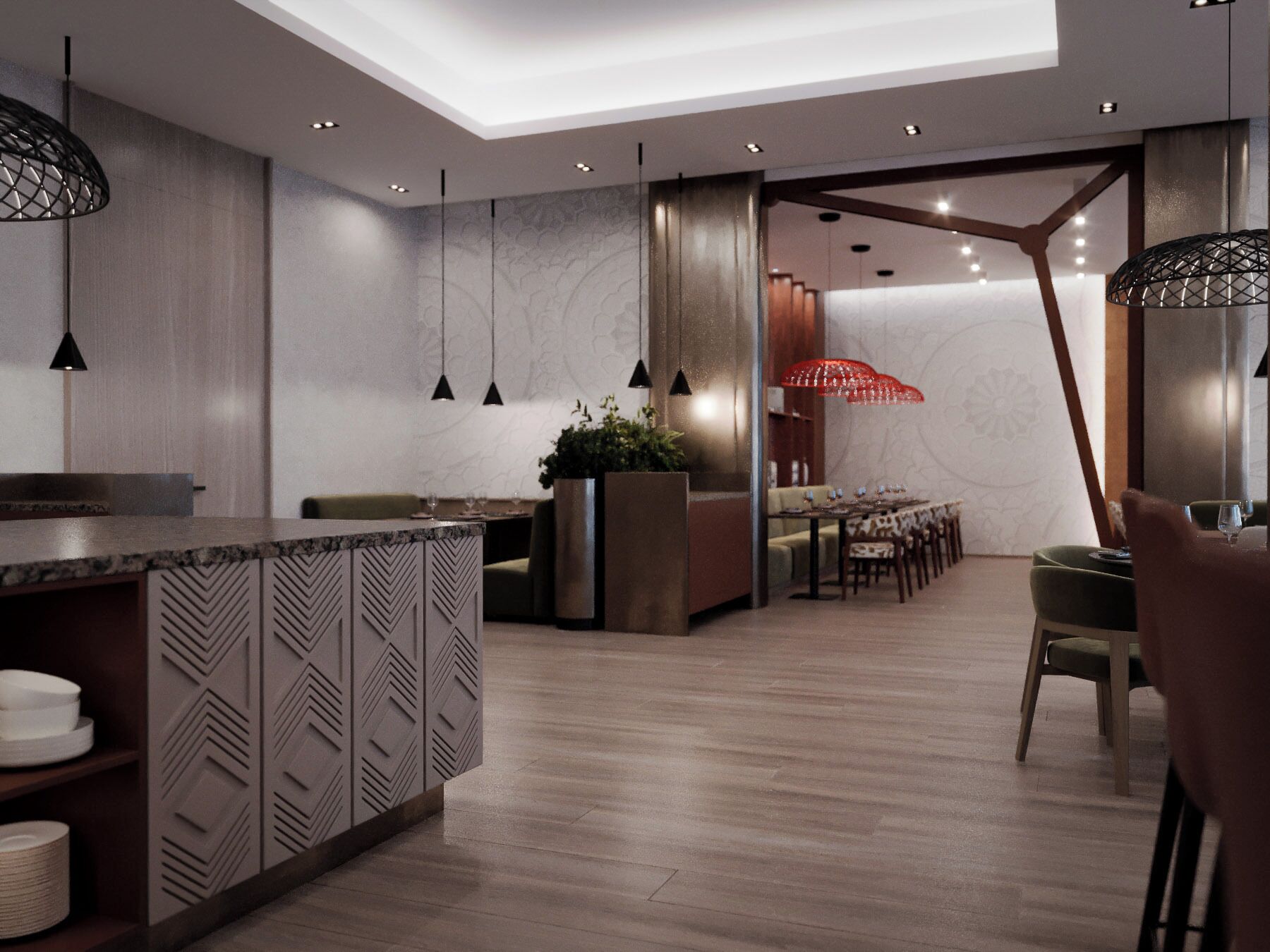 Un intérieur moderne comprenant un espace cuisine, un coin repas et un espace salon agrémenté d’un luminaire original en forme de parapluie rouge.