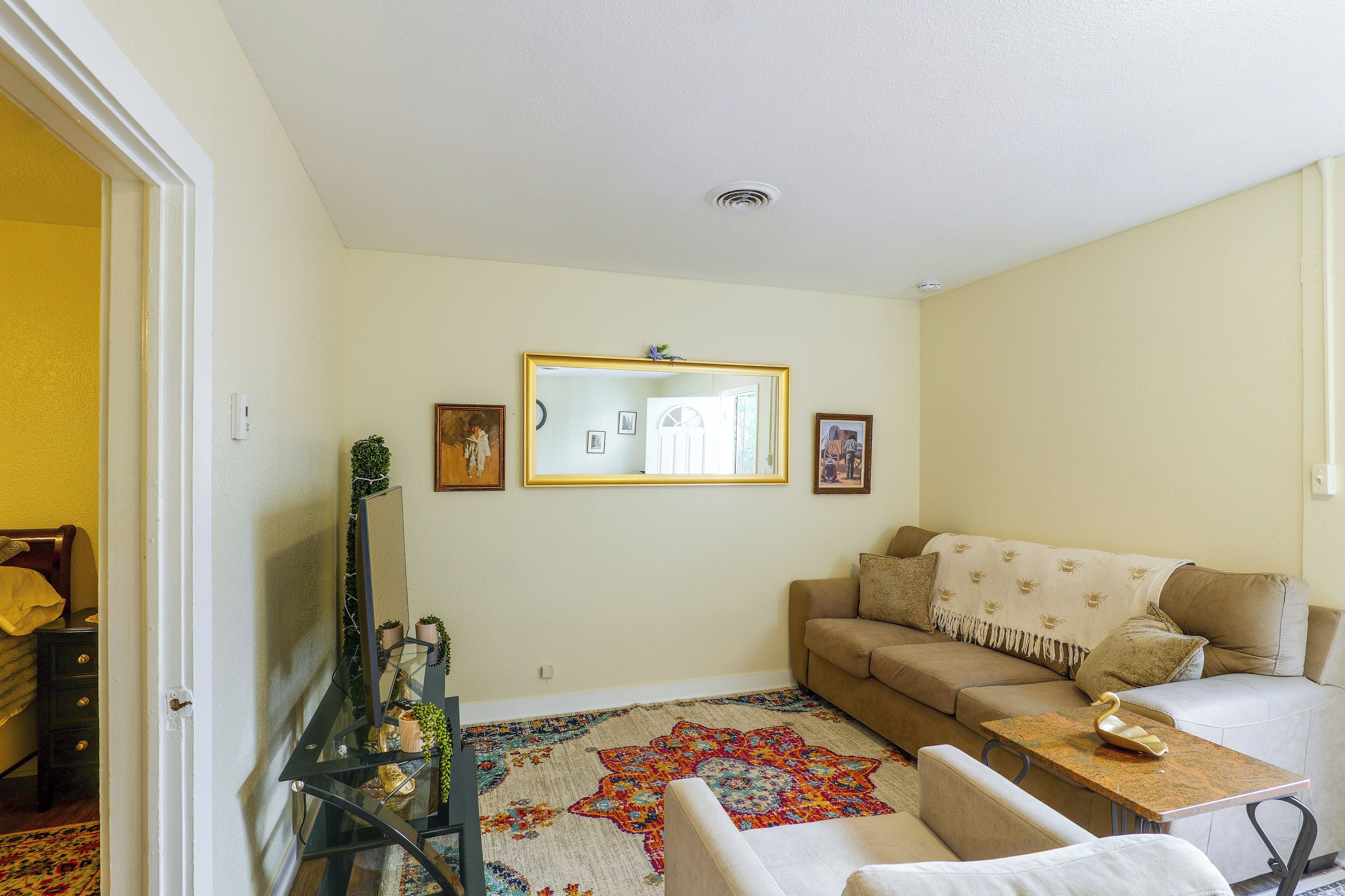 A living room with a sofa, a coffee table, a mirror, and a patterned rug.