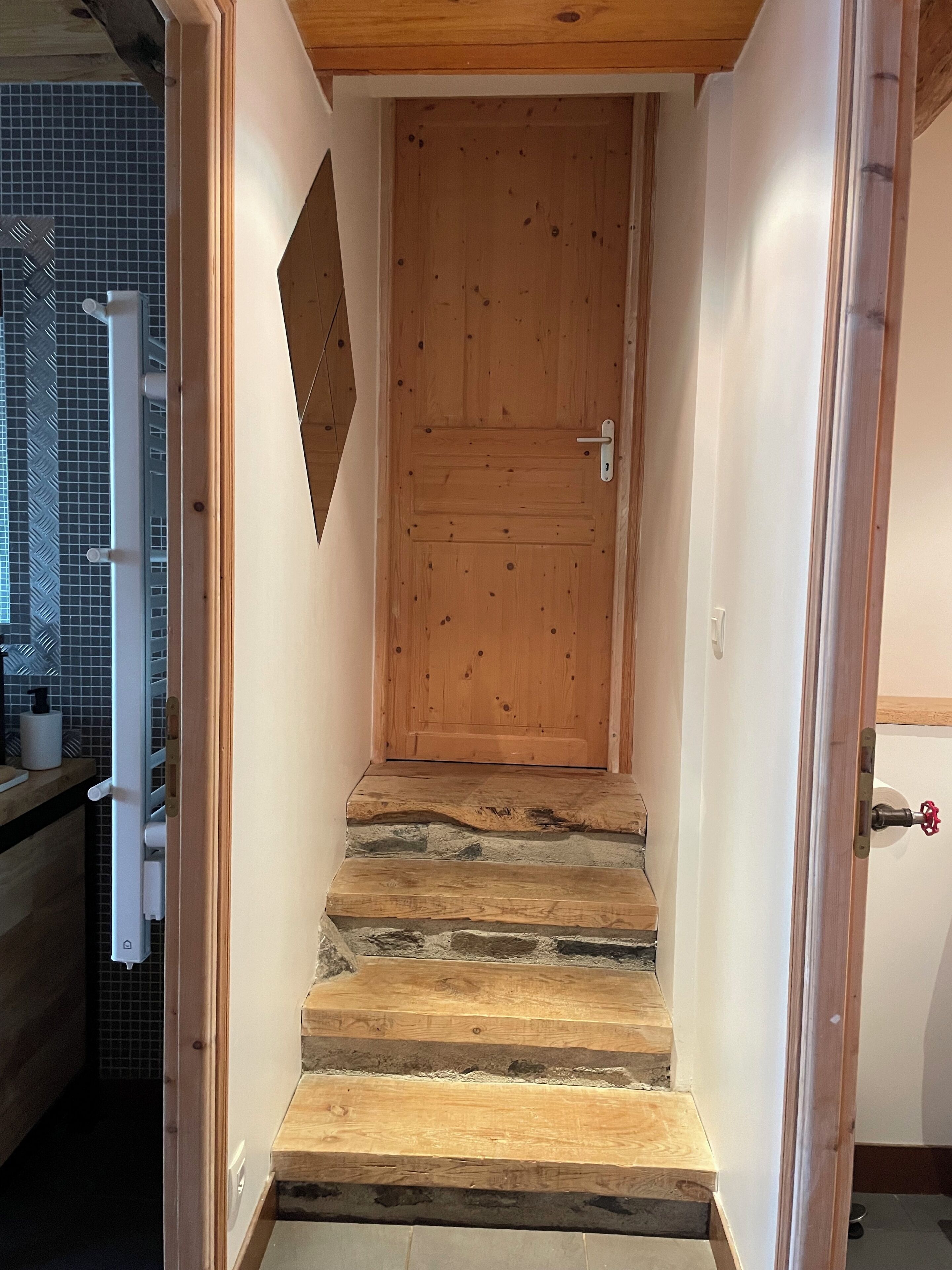 Una puerta de madera con manija metálica, que da a una escalera con escalones de piedra.