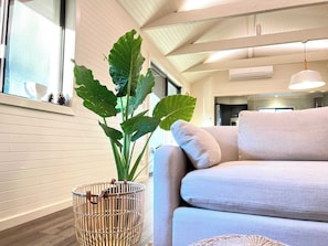 A modern living room with a sofa, a large green plant, and a wicker basket.