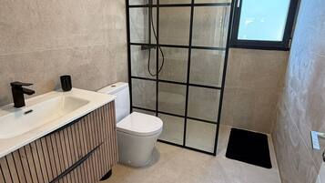 A modern bathroom with a shower enclosure, a toilet, and a sink.