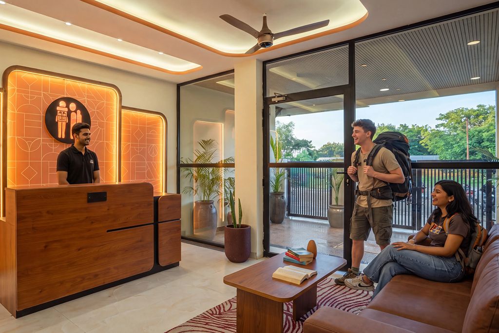 A reception area with a wooden desk, a ceiling fan, and a large window offering a view of the outdoors.