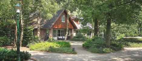 A wooden house with a sloped roof, surrounded by trees and a paved path leading to the entrance.