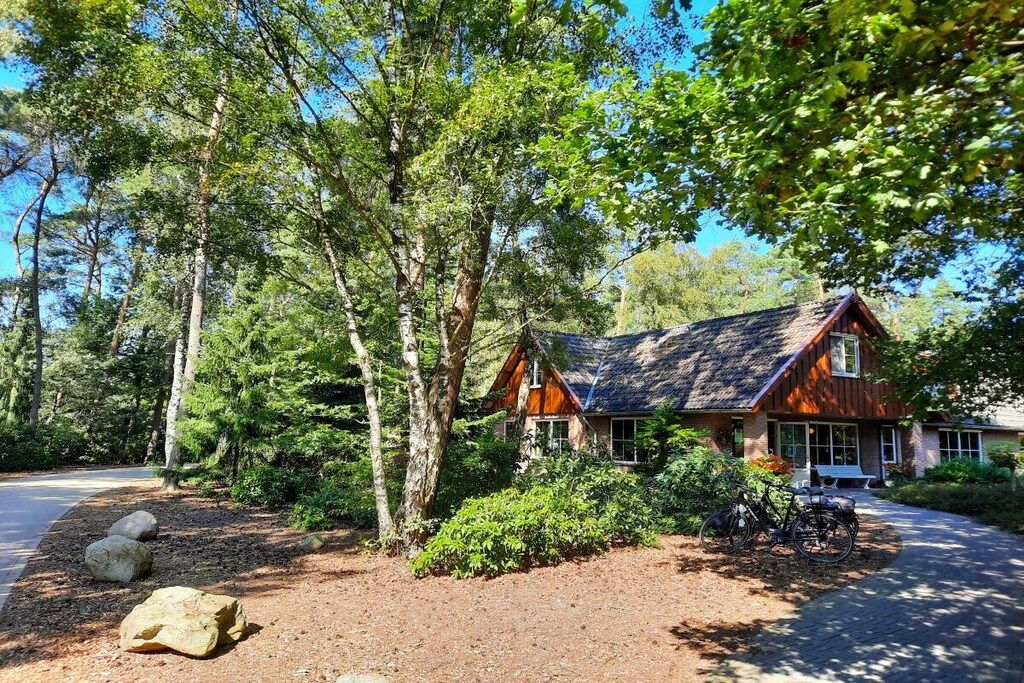 A rustic cabin with a sloped roof, surrounded by dense trees and a gravel driveway.