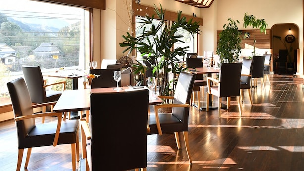 Ein Restaurant mit Holzboden, schwarzen Stühlen und Topfpflanzen.