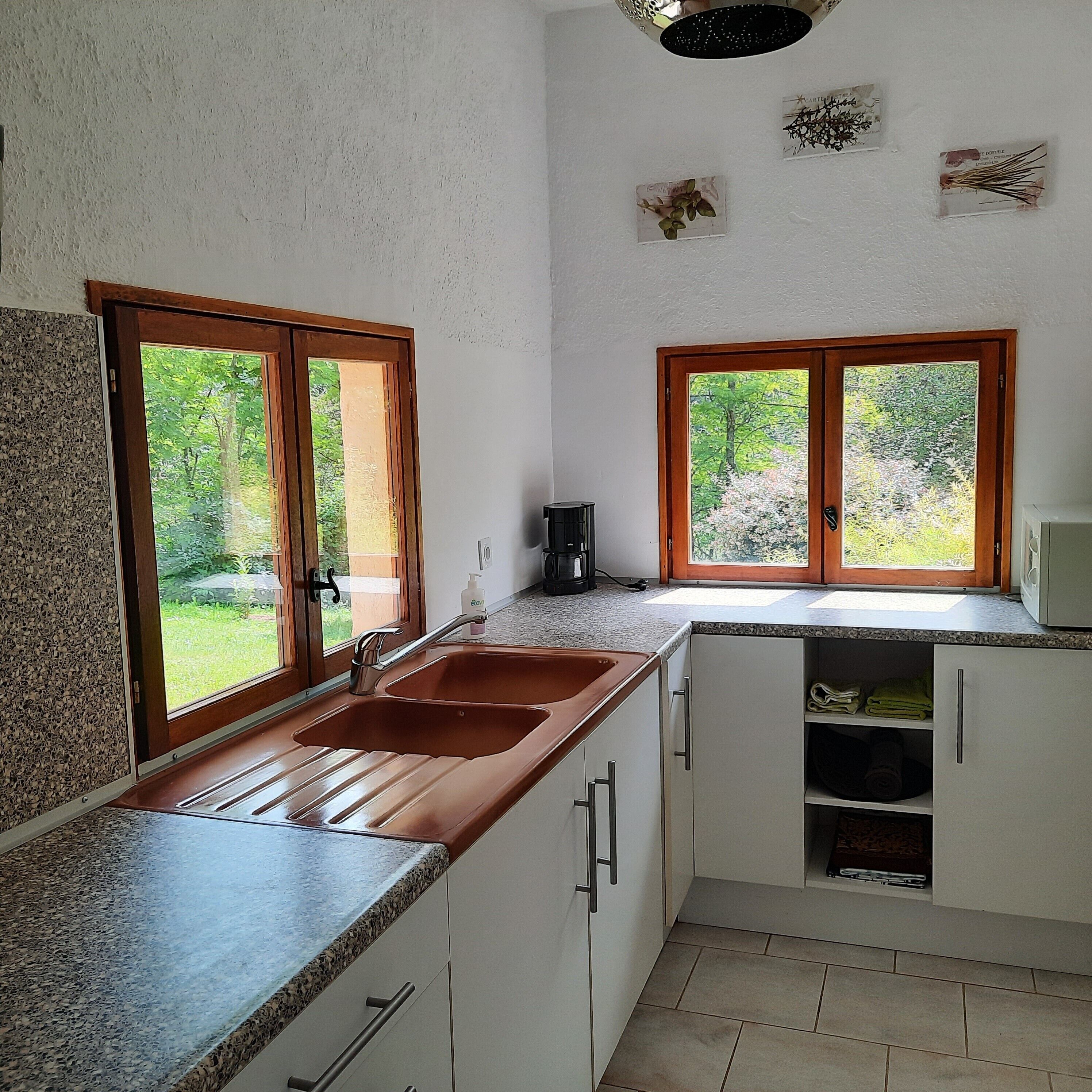 Eine Küche mit zwei Fenstern, einer Spüle, Schränken und einer Arbeitsplatte.