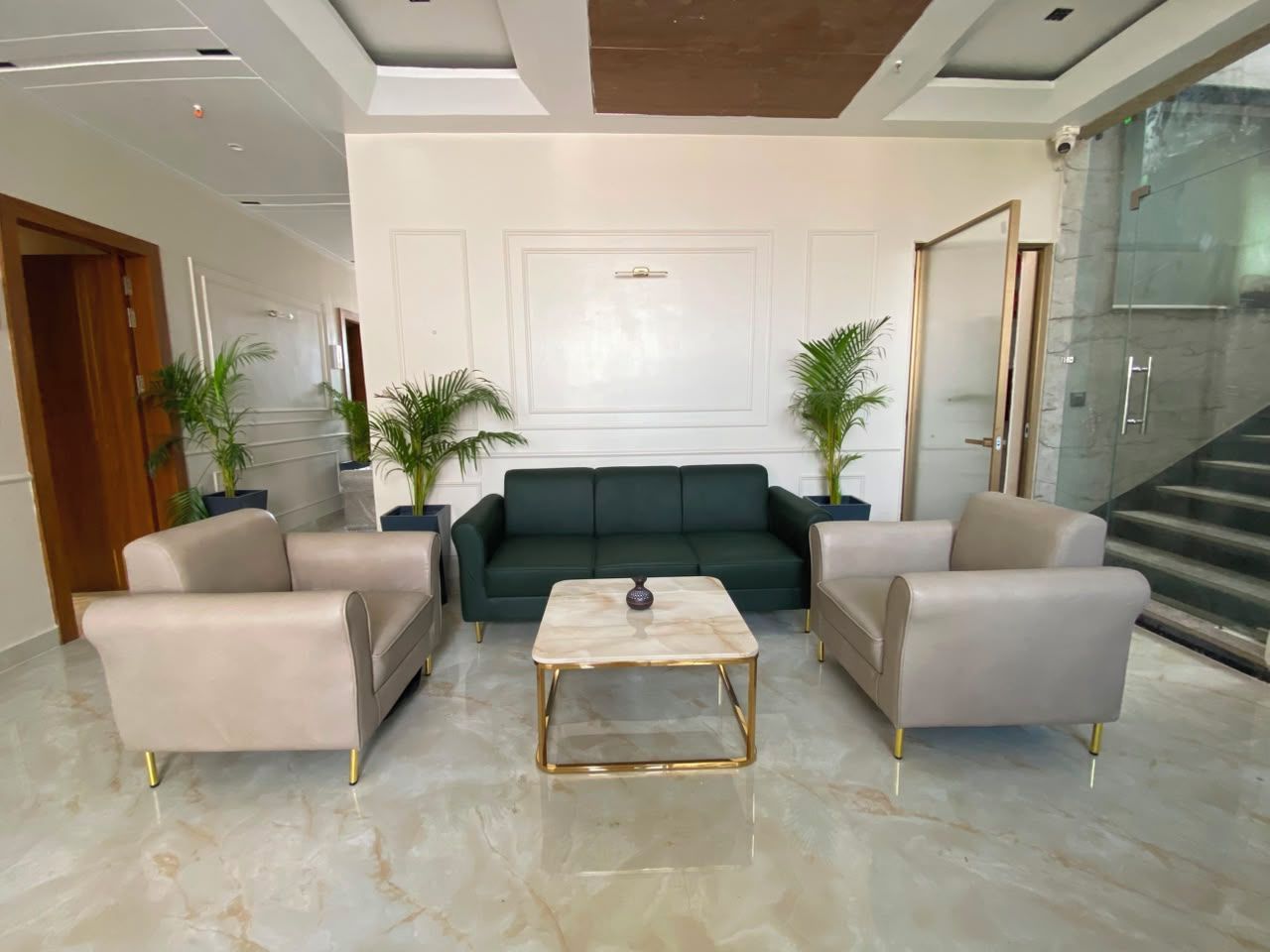 Una sala moderna con un conjunto de sofás, una mesa de centro y dos plantas en macetas.