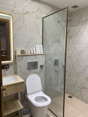 A modern bathroom with a glass-enclosed shower, a toilet, and a vanity with a mirror.