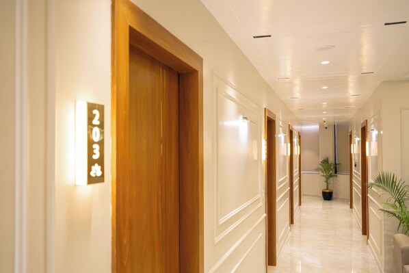 A hotel hallway with doors numbered 203, 204, and 205, a potted plant, and a marble floor.