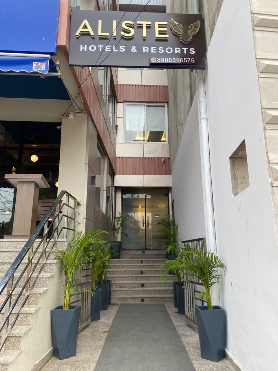 Entrada de un hotel con un cartel que dice 'ALISTE HOTELS & RESORTS' y un número de teléfono. Hay escalones que conducen a la entrada, y plantas en macetas a lo largo del camino.