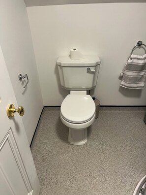 A bathroom with a toilet, a towel rack, and a door with a brass handle.