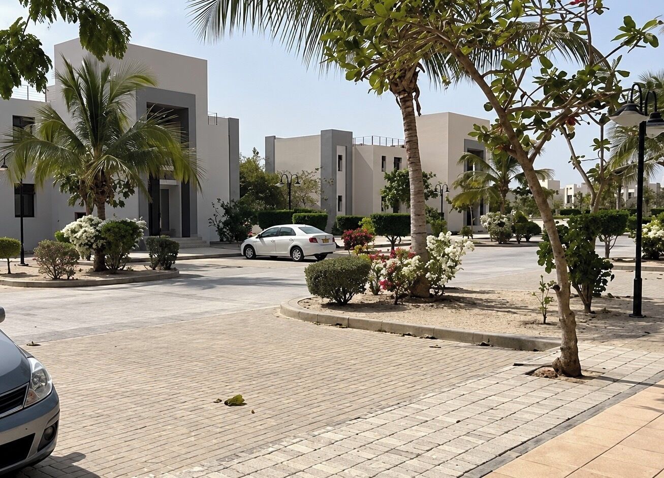 A paved outdoor area with a white car parked, surrounded by palm trees and shrubs, with modern buildings in the background.