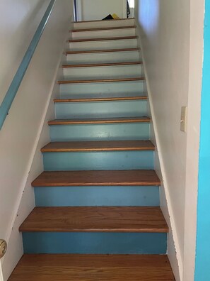 Un escalier dont les marches alternent entre le bleu et le bois.