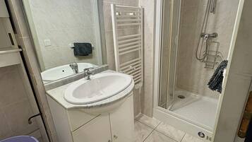 Casa de banho com lavatório, espelho, chuveiro e porta-toalhas.