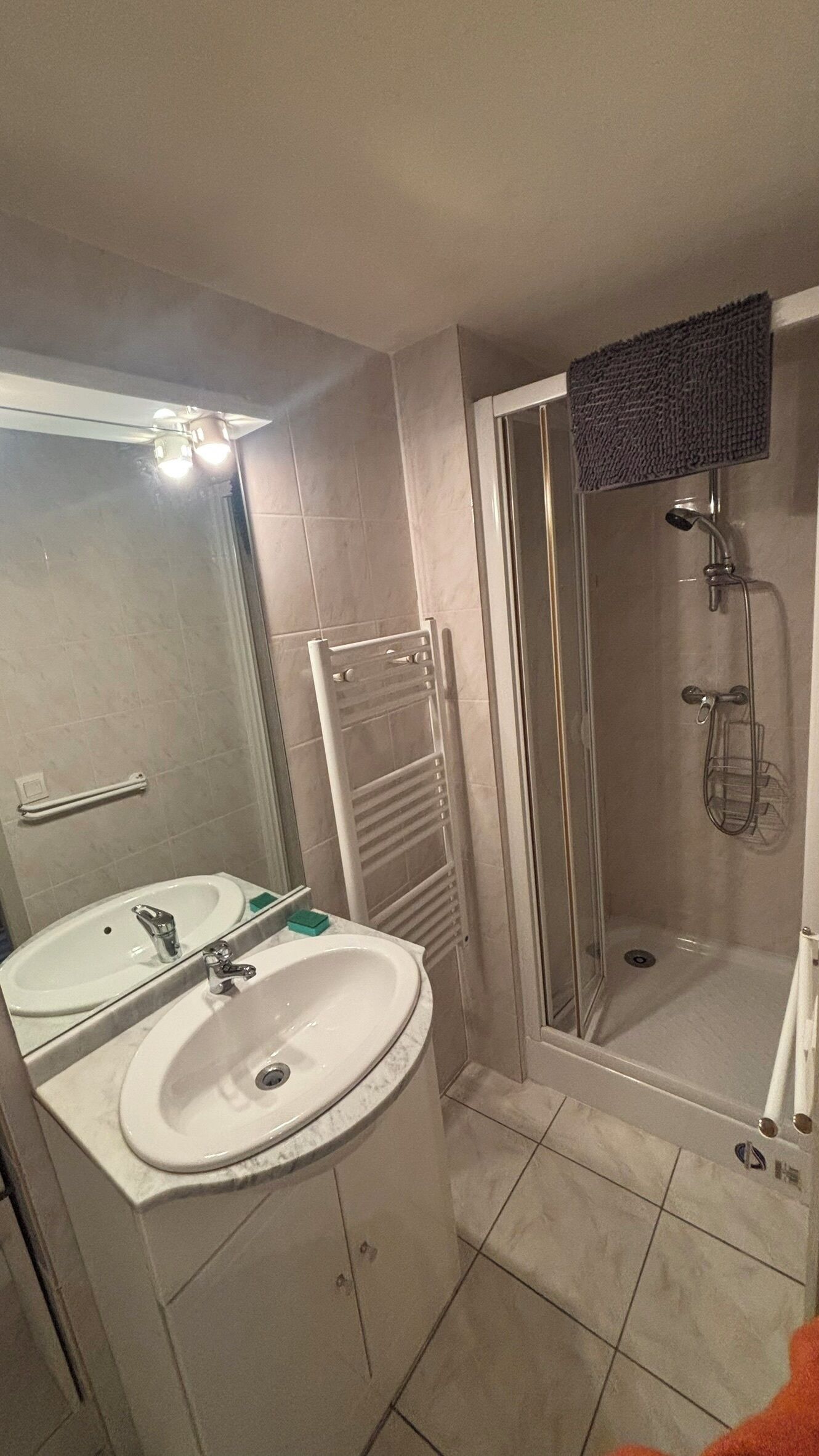 Ein Badezimmer mit Waschbecken, Spiegel, Handtuchhalter und Duschkabine.