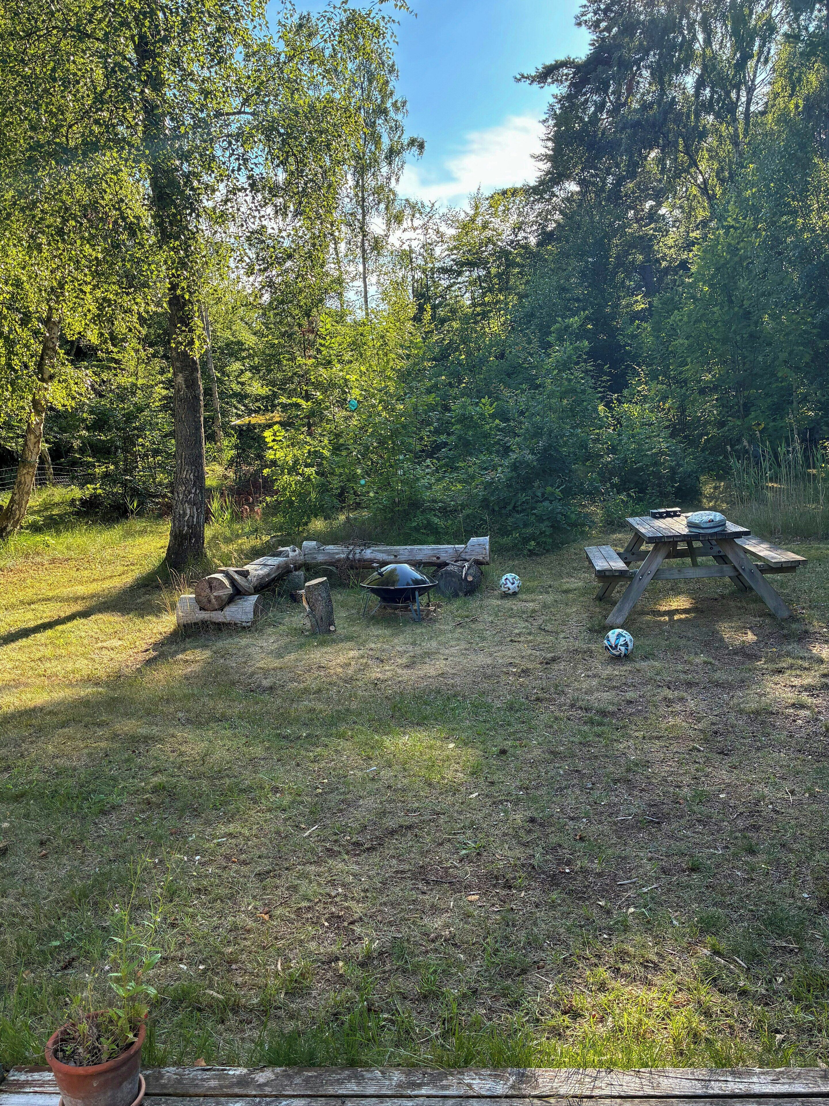 Un'area picnic con un tavolo di legno e panche, immersa tra alberi e prato.