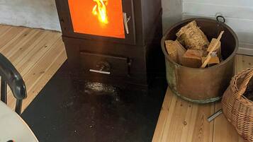 A wood-burning stove with visible flames, a firewood storage container, and a black mat on the floor.