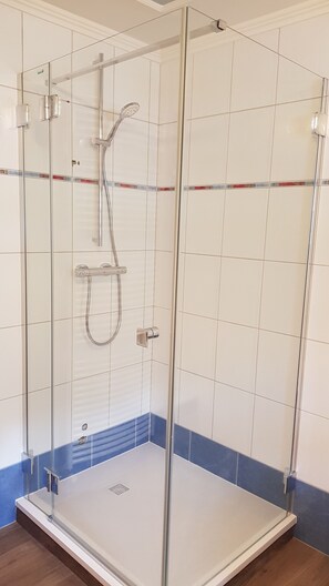 Dusche, Haartrockner, Handtücher, Seife