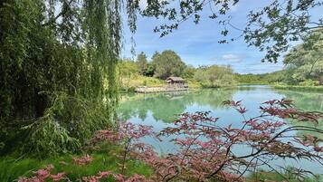A serene lakeside scene with a wooden dock and a small building, surrounded by lush greenery and trees.