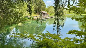 A tranquil lakeside setting with a wooden dock and a rustic building, surrounded by lush greenery.