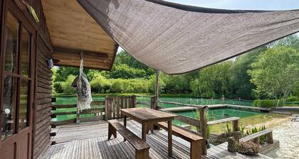 A cabin by a pond, surrounded by nature
