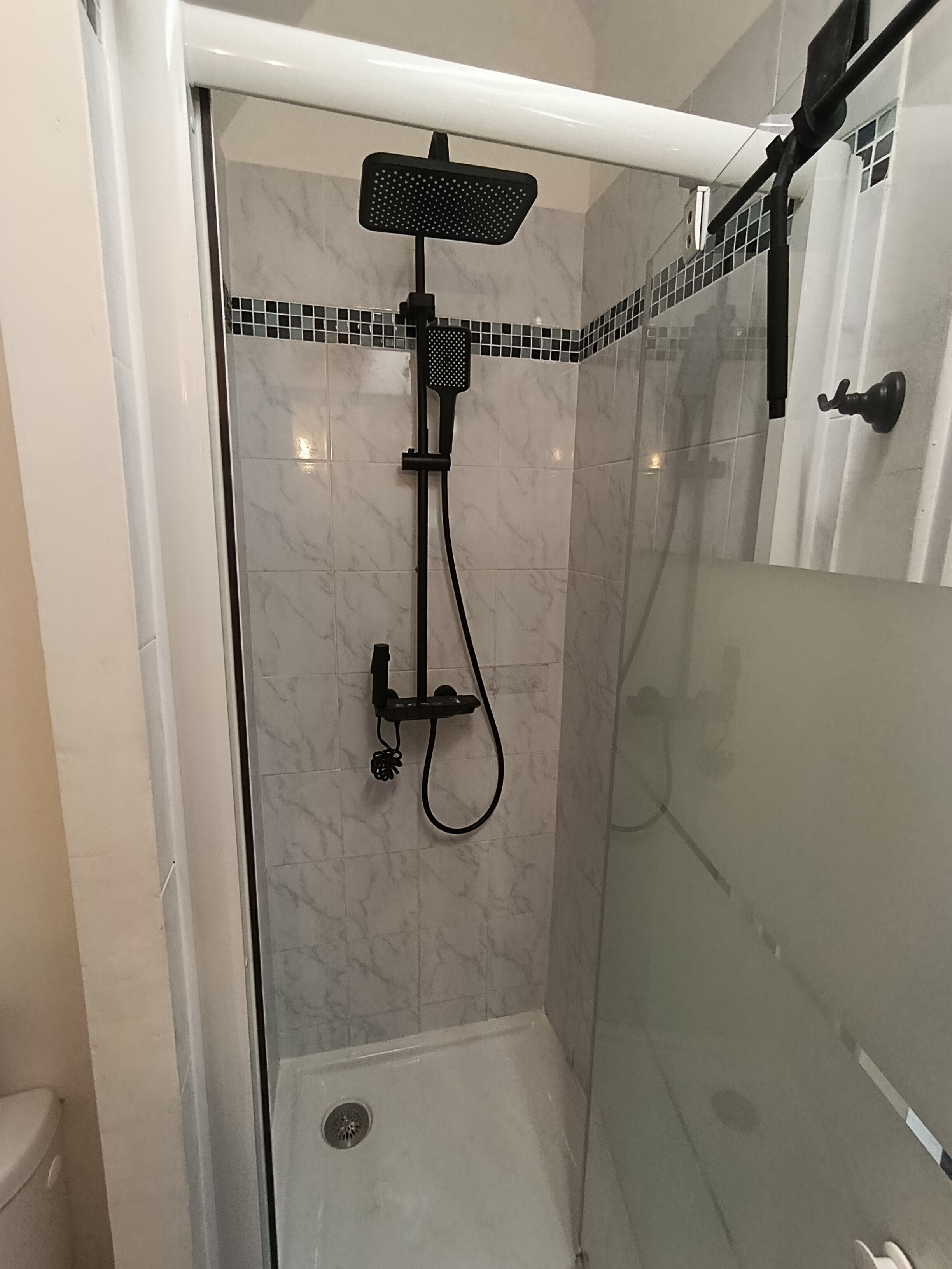 Cabina de ducha con paredes de vidrio, cabezal de ducha manual y rociador de mano.