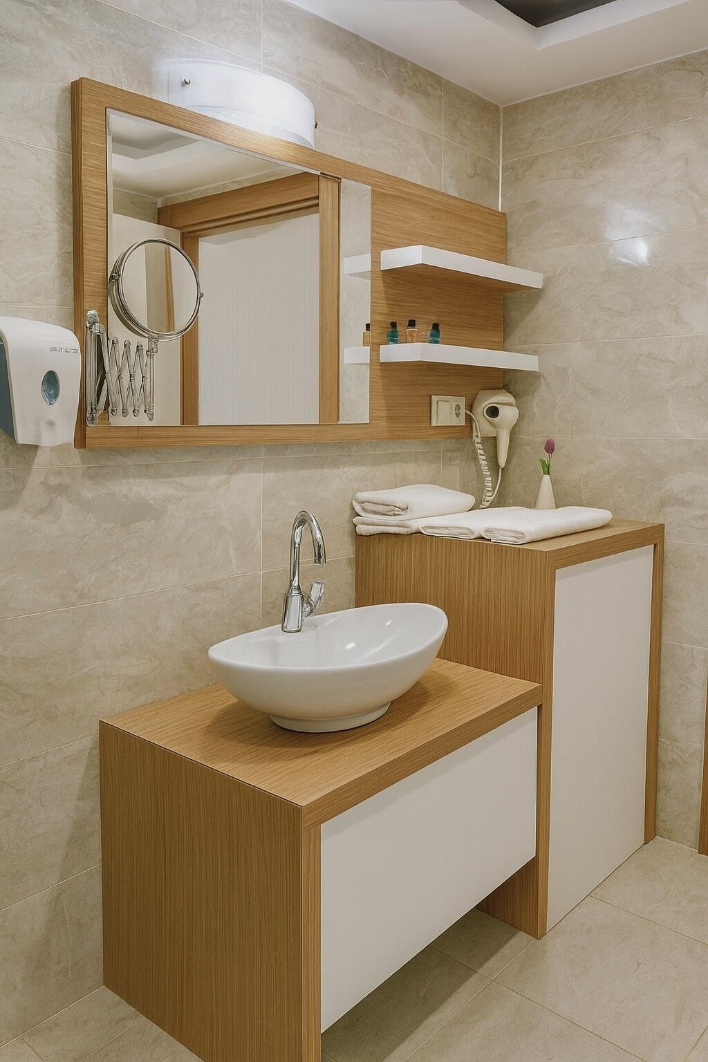 Un baño moderno con un mueble de tocador de madera, un lavabo blanco, un espejo, un secador de pelo y un perchero para toallas.