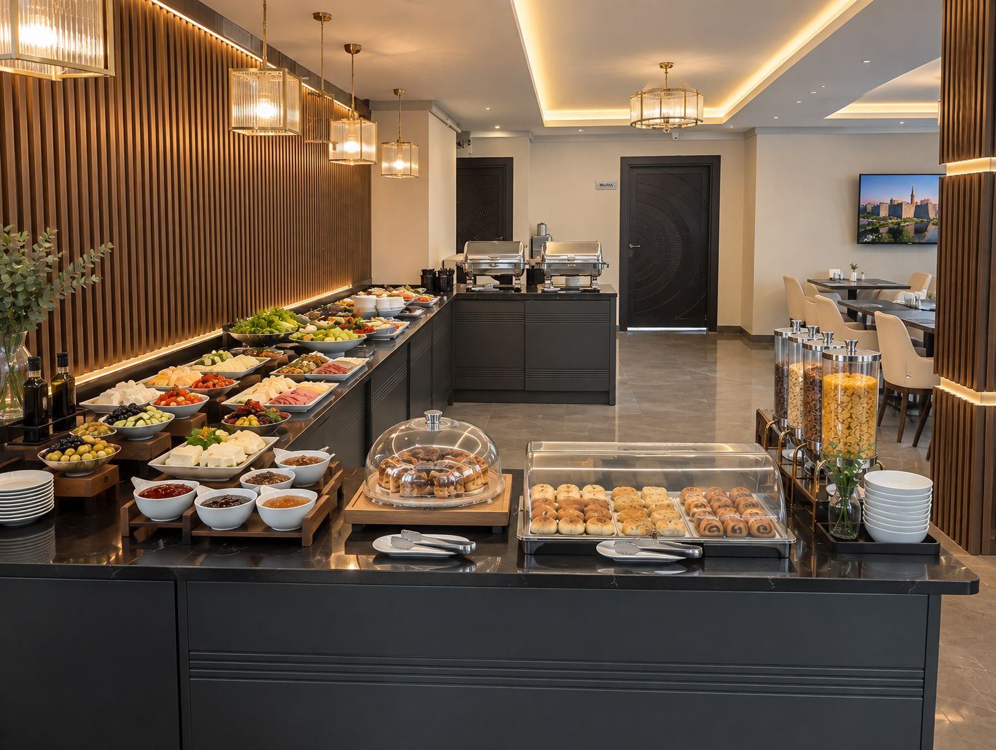 Montaje de bufé con diferentes opciones de comida y una estación de café.