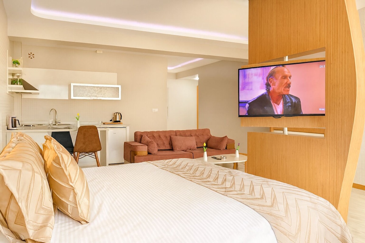 Una habitación de hotel con cama, sofá, escritorio, televisor y kitchenette.