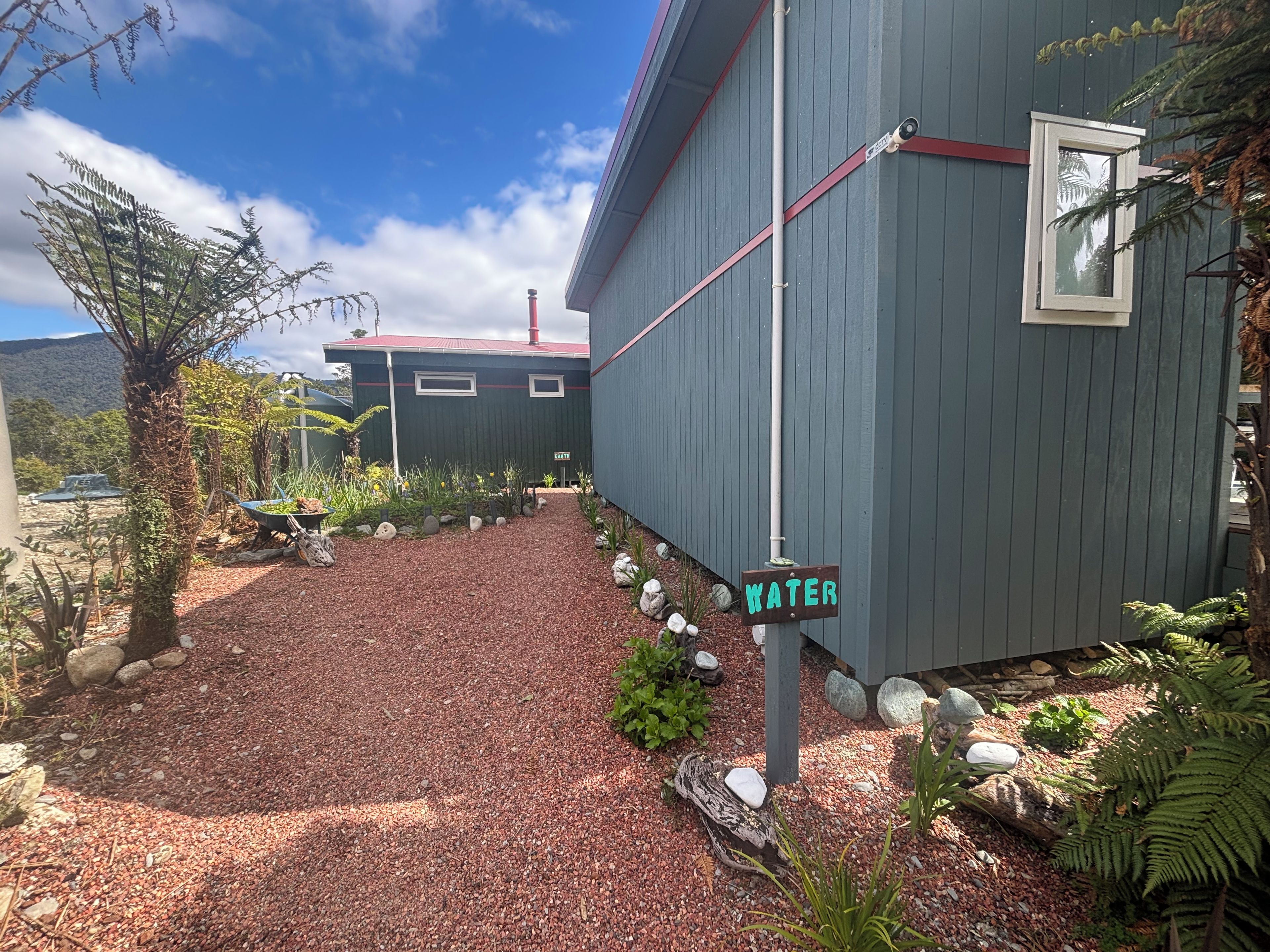 A building with a gravel pathway leading to a door marked 'WATER'.