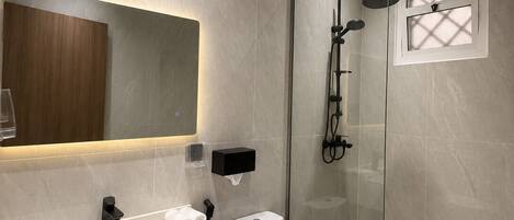 A modern bathroom with a glass-enclosed shower, a large mirror, and a white sink.