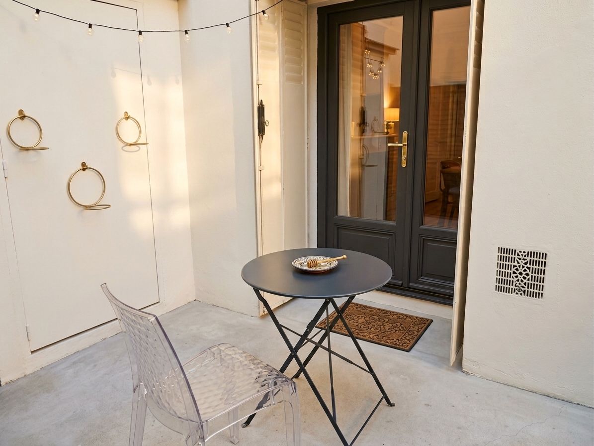 A small outdoor seating area with a round table and chairs, a door with a glass panel, and string lights.