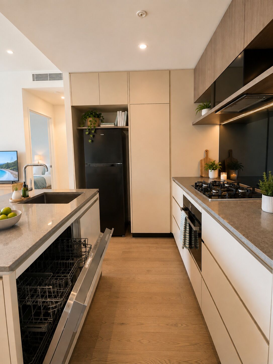 A modern kitchen with a built-in dishwasher, a black refrigerator, and a stove.