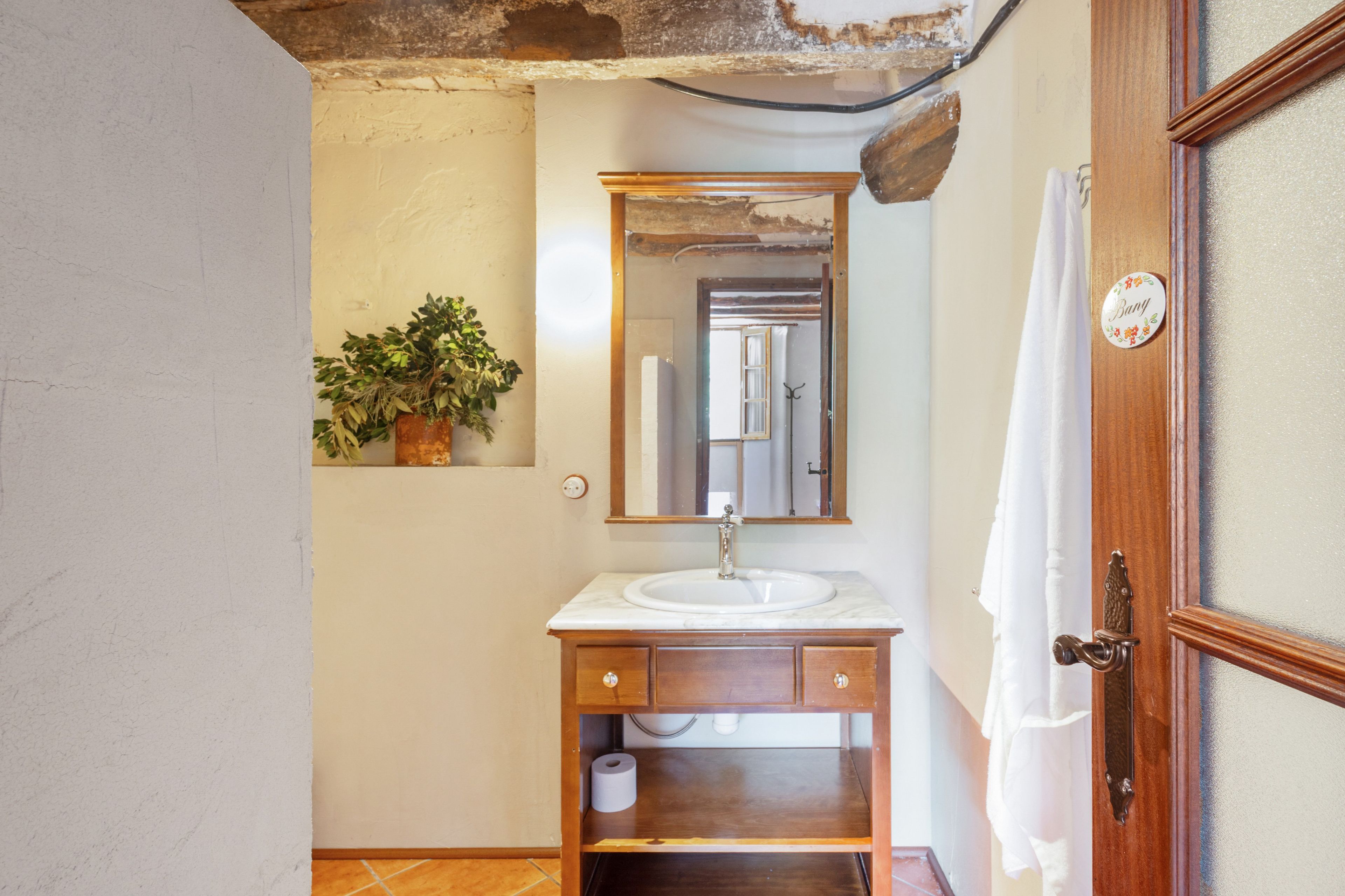 A bathroom with a sink, mirror, wooden cabinet, and a potted plant.
