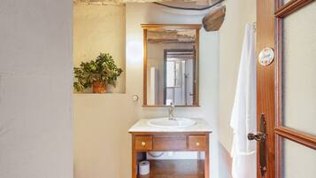A bathroom with a sink, mirror, wooden cabinet, and a potted plant.