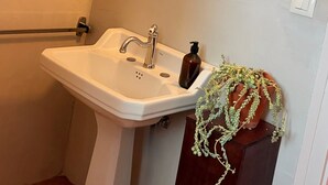 Ein Badezimmer mit einem weißen Waschbecken, einem Spiegel, einer Seifenspender und einem Topfpflanzen.