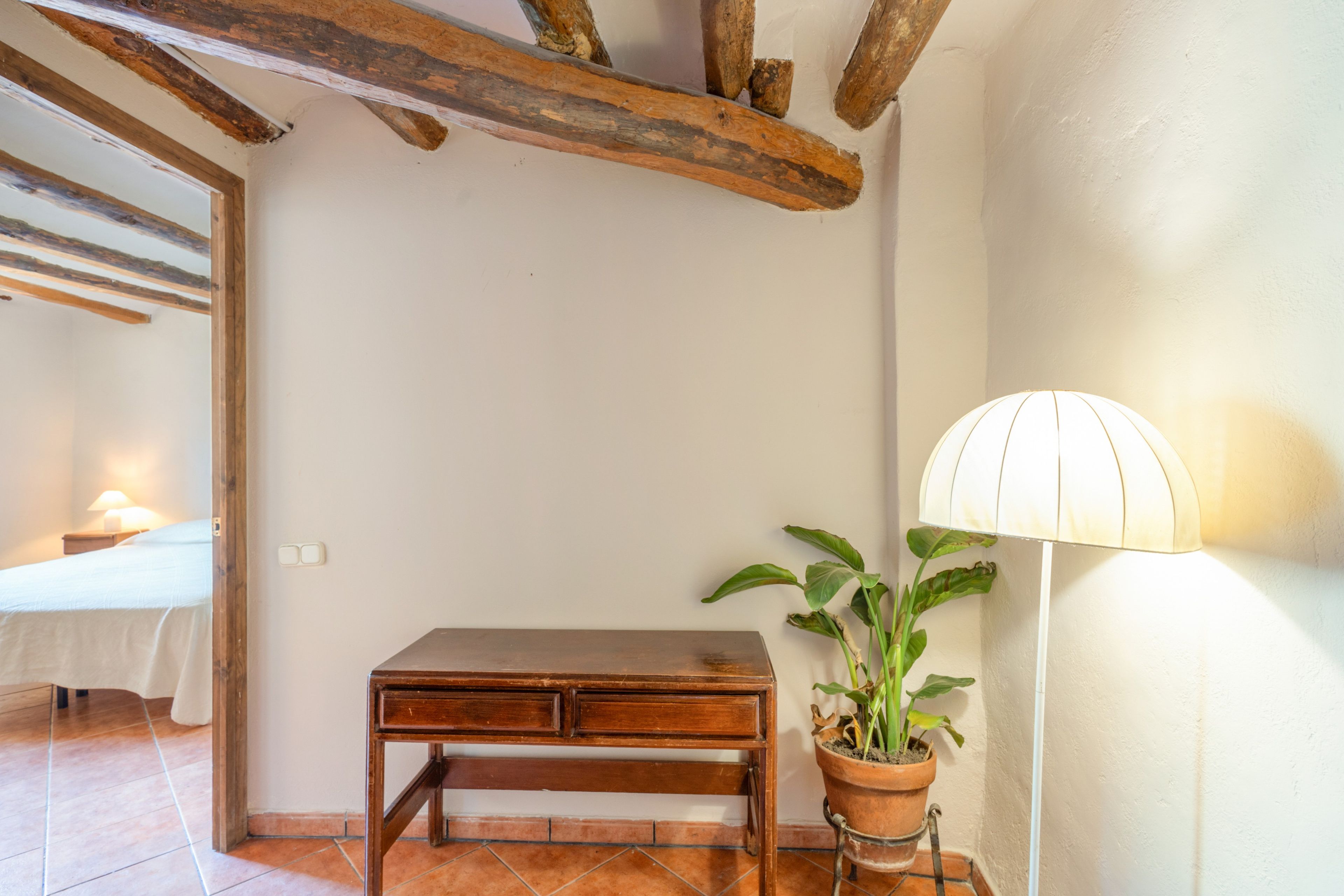 A room with a wooden desk, a potted plant, and a wall-mounted lamp.