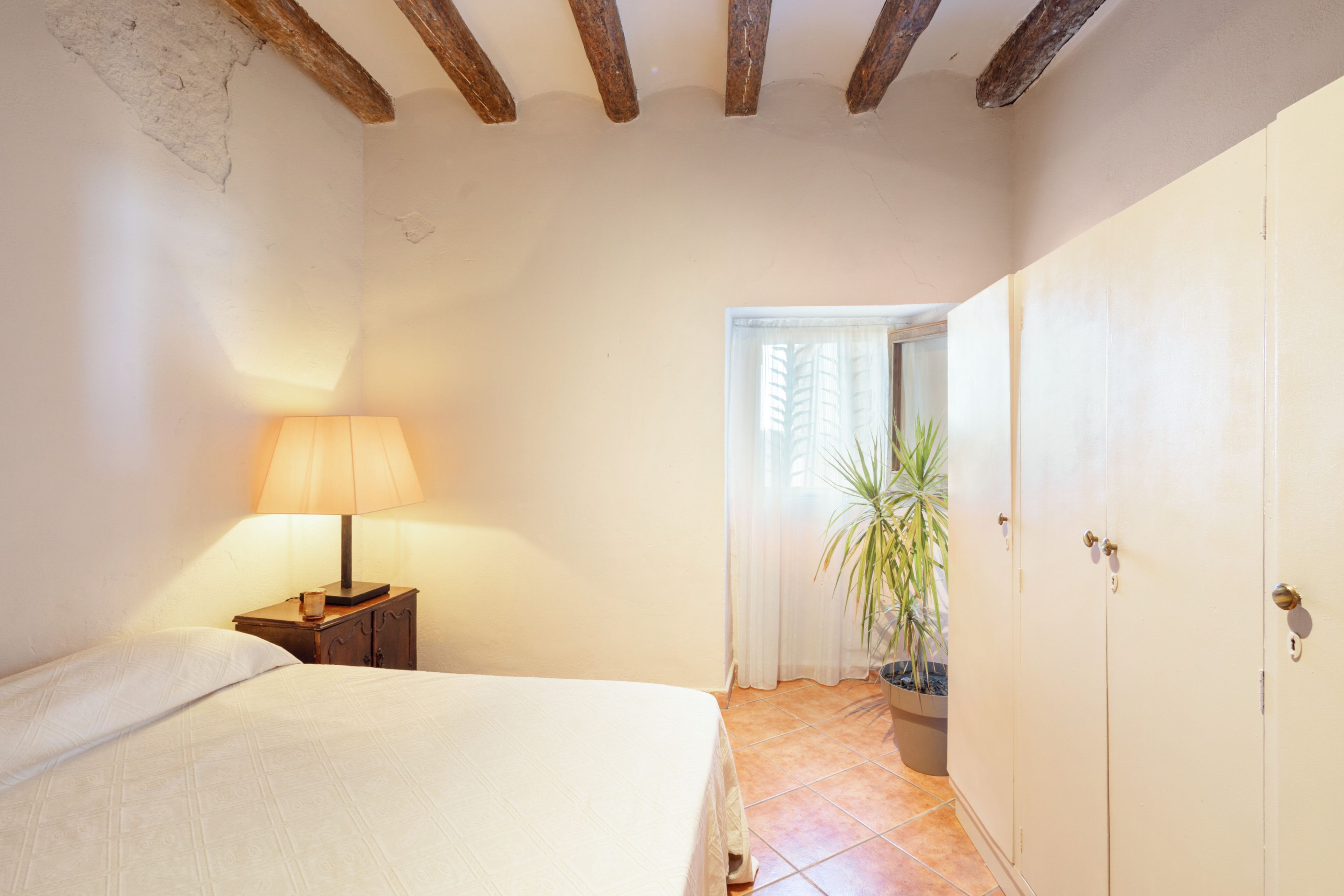 Ein Schlafzimmer mit einem Bett, einem Nachttisch, einer Lampe, einer Topfpflanze und einem Kleiderschrank.